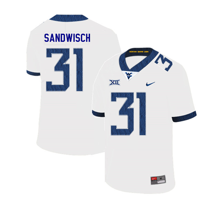 2019 Men #31 Zach Sandwisch West Virginia Mountaineers College Football Jerseys Sale-White - Click Image to Close